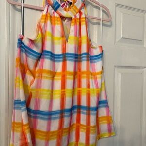 Skies Are Blue Yellow and Orange Sleeveless Blouse with Cut Out